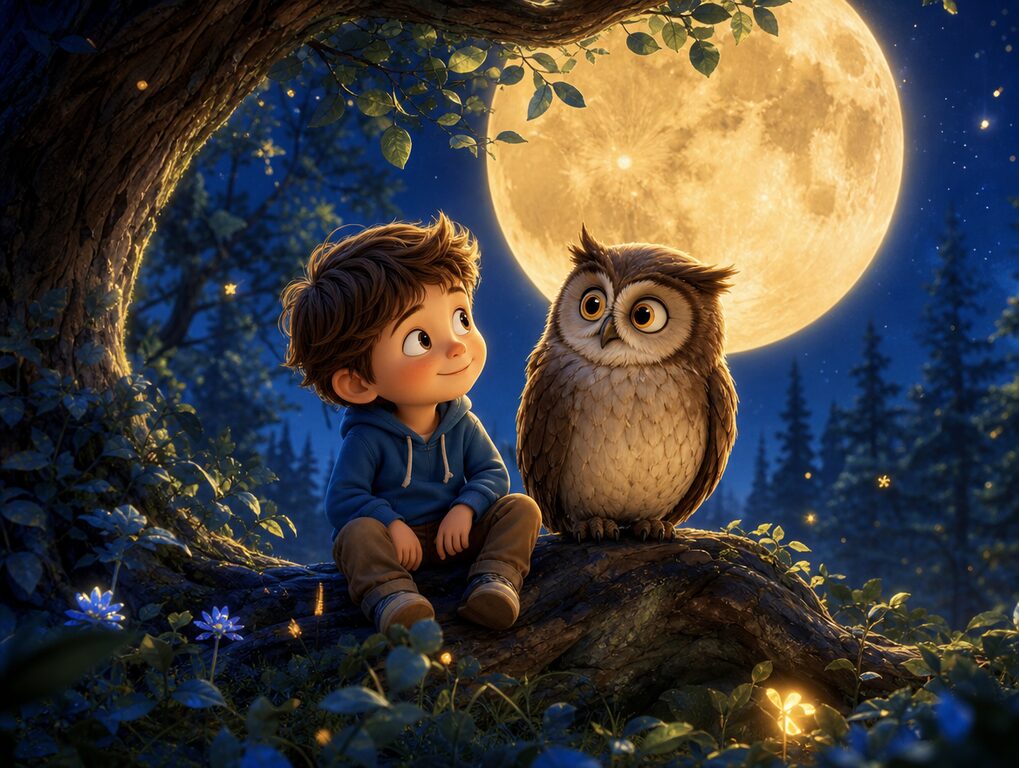 Ilustração da história A Coruja da Lua Cheia — livro infantil personalizado